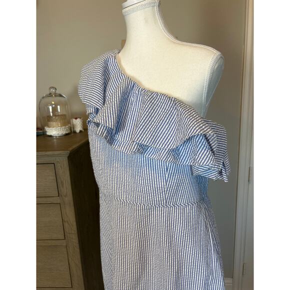 J. Crew | (NWT) 100% Cotton Pinstriped One Shoulder Classic Sheath Dress | 12 - Picture 8 of 15
